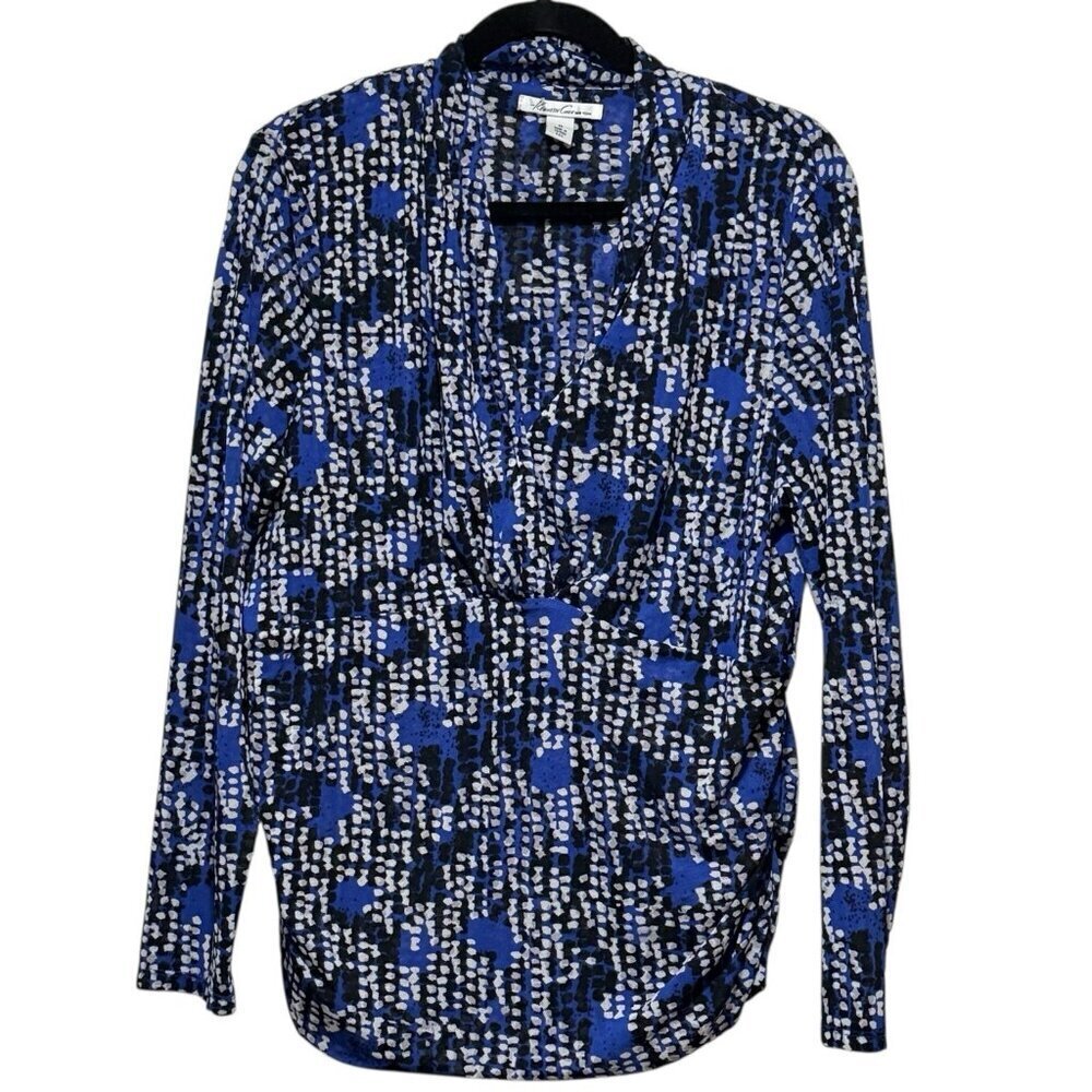 Y2K Kenneth Cole Royal Blue Abstract V-neck Long Sleeve Top Womens Size XL